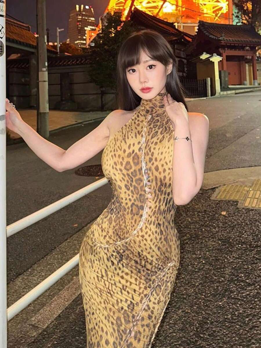 Bestselling Leopard Print Wrap Dress, High Waist, Open Back, Fitted Cut - Gold - View 1