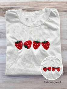 Casual T-Shirt, Colorful And Comfortable T-Shirts With Strawberry Embroidery, Fruit T-Shirts, Summer T-Shirts, Embroidered T-Shirts, Personalized T-Shirts, Cute Strawberry T-Shirts For Women, 100% Cotton, Durable - 白色 - 查看 9