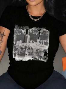 Camiseta de manga corta con cuello redondo, estilo casual, holgada, con estampado de eslogan, para mujer, nueva colección de verano, top moderno para uso diario y vacaciones.Camiseta de mujer. - Negro - Ver 8