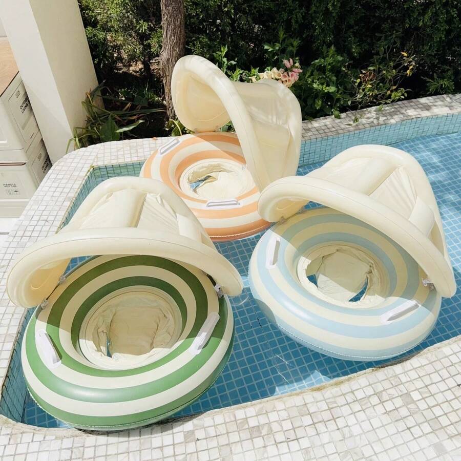 Flotador inflable con parasol desmontable para bebés, con asiento flotante con asa y diseño a rayas de dibujos animados para niños y niñas