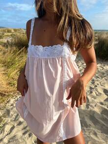 Women's White Cotton Lace Trim Babydoll Nightgown Spaghetti Strap Square Neck Loose Fit Mini Slip Dress Vintage Chemise Sleepwear for Loungewear Bridal Nightwear Beach Cover-Ups  Feminine Summer Outfits - Rosa - Ver 3