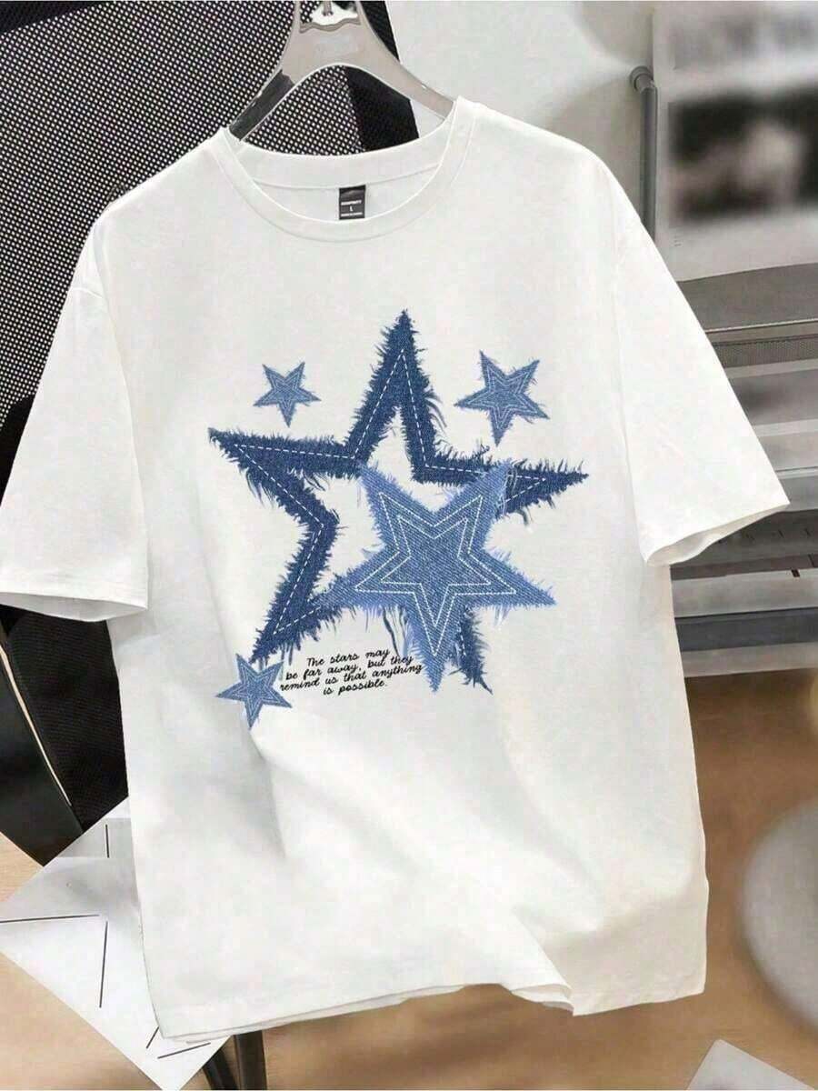 SlimslimY2K T-Shirt With White And Blue Star Graphic Print, Casual Style, Comfortable And Versatile, Pure Cotton Printed T-Shirt, Unisex Style, Beautiful And Elegant - 白色 - 查看 1
