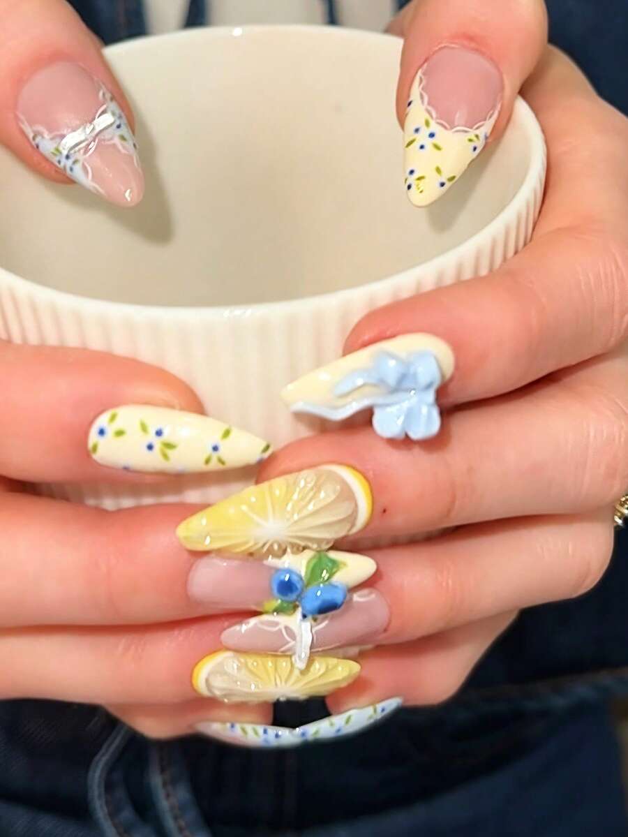 30 miếng dán móng tay nghệ thuật mùa xuân hè tươi mới, hình oval dài 3D, kiểu Pháp, màu Dopamine nhẹ nhàng, nơ 3D, quả việt quất, chanh, ren Y2K, phù hợp cho phụ nữ/bé gái sử dụng hàng ngày, làm đẹp, nghệ thuật vẽ móng, mùa tốt nghiệp, ngày lễ, du lịch. - Nhiều màu - Xem 1
