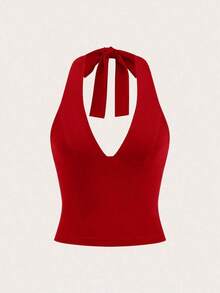 Top de tirantes de cuello halter sin espalda con cuello en V de color liso, uso casual diario - Rojo 2 - Ver 6