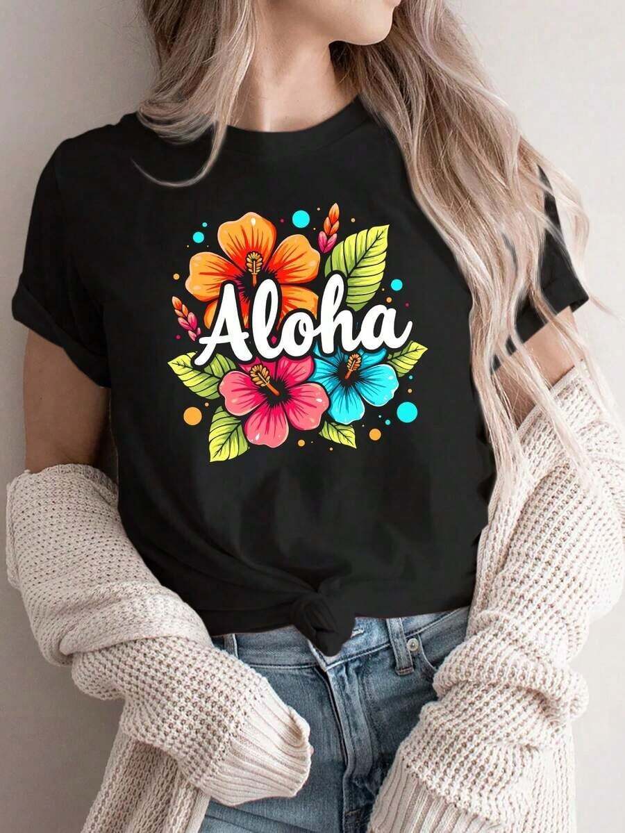 Women's Graphic Tees, Casual Athletic Tee, Crew Neck, Aloha Style, Modern Design, Hawaiian Style, Floral Print, Knotted Design, Vacation Wear, Hawaiian, Floral, Comfortable All-Season Top, 100% Cotton. Beautiful 100% Cotton Blouses - 黑色 - 查看 1