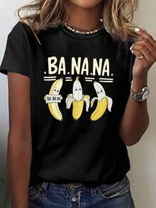 A Casual Short-Sleeved Crew Neck T-Shirt Featuring Three Cute Cartoon Banana Designs, Perfect For Spring And Summer, Exclusively For Women - Unisex Loose-Fitting Cotton Short-Sleeved Crew Neck T-Shirt In An Urban Vintage Style. - 黑色 - 查看 6