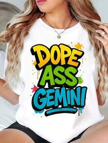 Casual Wear Unisex Graphic Print T-Shirt Dope A Ss Gemini, Round Neck, For Casual Wear, Party Outfits And For Zodiac Lovers, Clothing For All Four Seasons, Daily Leisure Wear, Gift For Family And Friends, Bohemian T-Shirt, Blouses For Women>Shirt - 白色 - 查看 7