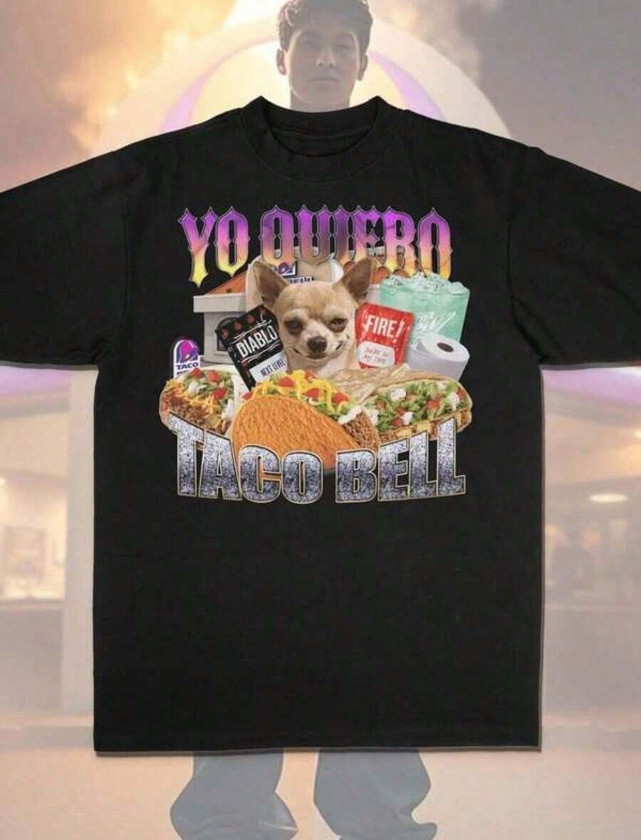 1 Cotton Graphic T-Shirt, Cotton T-Shirt With _I WANT Taco Bell_ Print, 90s Bootleg Rap Style - Funny Unisex Movie T-Shirt For Men Y2K, Plus Sizes For Men S To 5XL, Summer T-Shirt, Y2K, Men's T-Shirt, Summer Tops, 180g 100% Cotton. - 黑色 - 查看 1