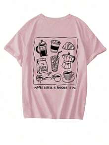 The Hottest Summer Item: A Pure Cotton Crew Neck T-Shirt Printed With Breakfast Food And Drinks. Its Relaxed, Casual Style Is Versatile And Perfect For Everyday Wear. A Stylish And Popular Party T-Shirt. - 粉色 - 查看 4