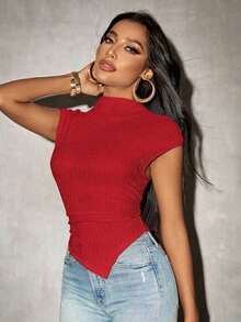 Camiseta de punto con bajo asimétrico de unicolor para mujer, primavera - Rojo - Ver 5