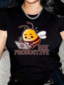New Arrivals For Summer. Women's Funny Bee Graphic T-Shirt - Light Gray, Casual For Everyday Wear And Workouts - Soft And Stretchy Fabric - Bee Productivity Slogan - Humorous Office Gift Idea - Non-Professional Bee Design - Women's All-Season T-Shirt, Ladies' T-Shirts, Funny Print T-Shirt, Medium Stretch Fabric, Workout Clothes, Cartoon Print, Breathable Material, Short Sleeve T-Shirt, Working Woman Blouse, Shirt > Beautiful. - 黑色 - 查看 6