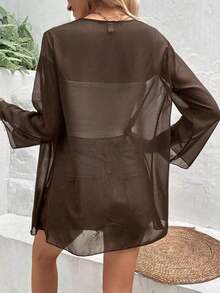 Chaqueta ligera y transparente de manga acampanada de unicolor casual de vacaciones EARO para primavera - Café integral - Ver 2