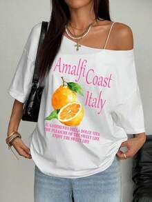 Estilo Y2K, estilo moderno, lo más nuevo de 2026, estilo lindo, estilo casual. Camiseta de gran tamaño  para mujer, talla grande, de verano, holgada, con cuello asimétrico, estampado de cóctel y fruta naranja, estilo Y2K, 180g (tallas S-XXXL). - Blanco - Ver 3