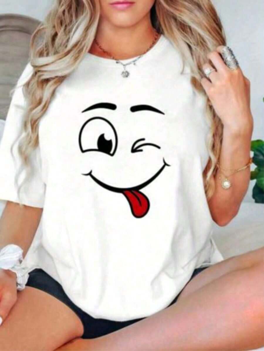 Face Print T-Shirt, Short Sleeves, Round Neck, Casual Top For Summer And Spring, Women's Clothing Pure-Cotton - 白色 - 查看 1