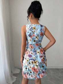 Vestido mini elegante de mujer con cuello redondo, sin mangas y con estampado floral ajustado - Azul - Ver 2
