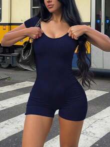 Mono de mujer , escote en U, silueta minimalista, ropa interior moldeadora cómoda, casual, sexy, versátil para exteriores, viajes, fiesta en la playa, vacaciones en el campo, vacaciones, Pascua, graduación, regreso a la escuela, mono de verano, ajust - Azul marino - Ver 7