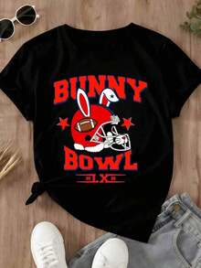 White Round Neck T-Shirt With American Football Helmet Print With Rabbit Ears And Stars For Casual Wear. - Black - View 4