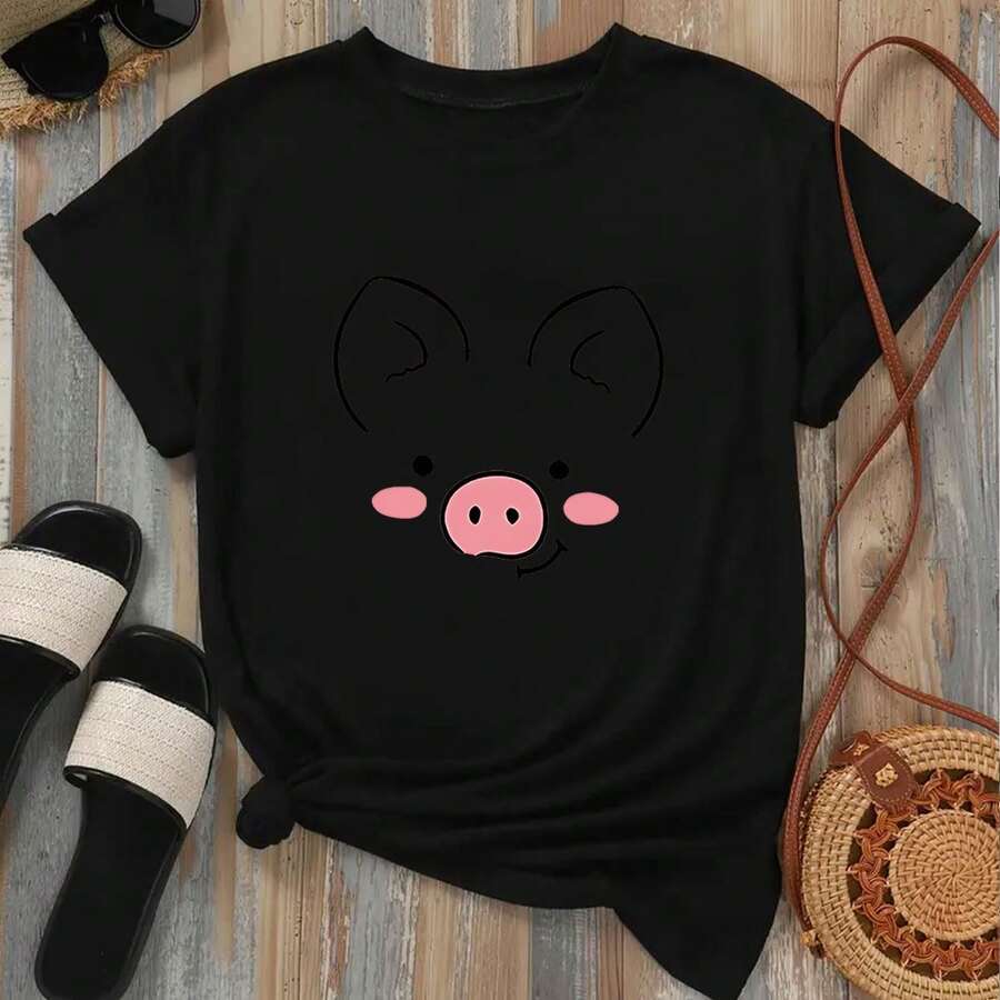 A Casual Women's T-Shirt With A Cute Pig Face Design, Featuring A Simple, Artistic Line Drawing Of An Adorable Little Pig. The Pink Color Adds A Playful Touch, Making It Perfect For Everyday Wear. - 黑色 - 查看 1