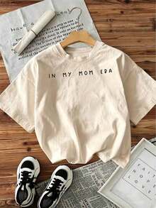 Women's Graphic Tees "In My Mom Era" - Breathable Short Sleeve T-Shirt With Shiny Crew Neck And Letter Print, Casual Spring Summer Blouse For Moms, Machine Washable Casual Clothes And Outfits For Moms 100% Pure-Cotton - 杏色 - 查看 7