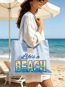 “Life's A Beach”印花 - 复古粉白条纹帆布手提包,女士大容量条纹沙滩托特包,旅行沙滩包兼时尚购物单肩包,可折叠帆布单肩手提包,防水防沙旅行包,夏季必备单品,适合海滩旅行、泳池派对、购物和日常使用,适合女性、旅行者和海滩爱好者,也适合复活节、教师节和假期等场合。 - 彩色 - 查看 6