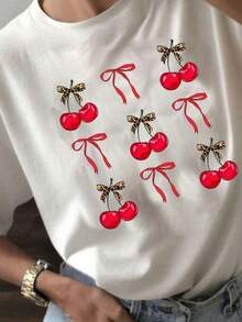 Camiseta Casual de Verano para Mujer YOCASA, con Cuello Redondo, Ajustada y de Manga Corta, con Estampado de Pintura al Óleo, Motivos Florales, de Corazones, de Cerezas y de Letras.Tela sencilla y casual, estilo deportivo, ideal para uso diario y citas de San Valentín.1 pieza, 180 g de peso, 95% poliéster, 5% spandex. - Negro - Ver 8
