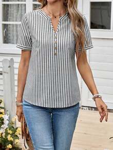 Camisa casual de mujer de cuello en V a rayas de manga corta - Negro - Ver 7