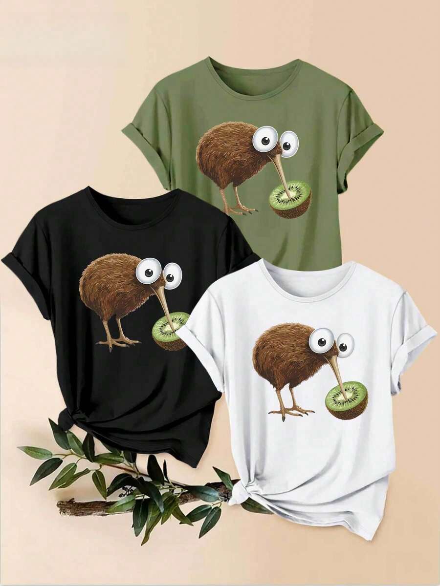 Women's T-Shirt Set, 1 Piece Featuring A Cartoon Kiwi Bird Pecking At A Kiwi Fruit. A Beautiful Women's Garment, A Stylish Casual Sporty Gift, Machine Washable, Short-Sleeved Top With A Round Neck. - 1件黑色隨機圖案 - 查看 1