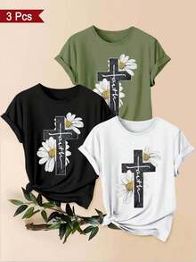 Women's T-Shirts, 1-Piece Set With Cross And Daisy Print. 1 Beautiful Women's Garment, A Stylish Casual Sporty Gift, Machine Washable, Short-Sleeved Top With A Round Neck. - 1件白色隨機圖案 - 查看 5