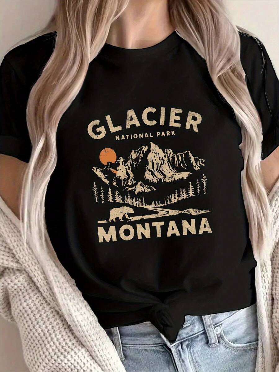 Women's T-Shirt With Glacier National Park Landscape Print - Short Sleeve And Crew Neck, Casual Summer And Spring Outdoor Wear, Comfortable National Parks Themed Garment - 黑色 - 查看 1