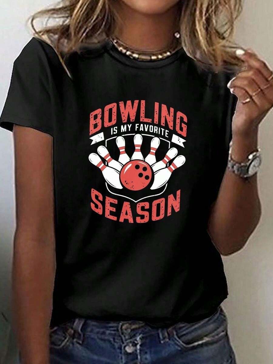 One Piece, Classic And Versatile, Pure Cotton Short-Sleeved T-Shirt Ideal For Any Season. The Women's Version With A Bowling Ball Print Is My Favorite-Modern Style. - 黑色 - 查看 1