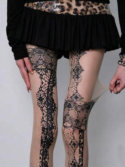 1 Pair Women's Transparent Tattoo Print Pantyhose, Sexy Lace Pattern Asymmetrical Design Tights, Y2K Gothic Aesthetic Skin-Colored Elastic Sheer Stockings, Suitable For Summer Casual, Party, Nightclub, Daily Wear, Club, Street