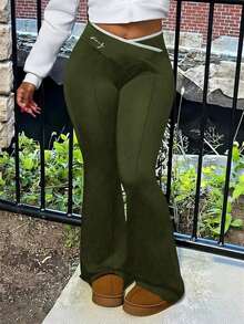 Nuevos Pantalones Acampanados De Talle Alto Con Envoltura En Color Sólido Simple Para Verano 2024 - Verde militar - Ver 1