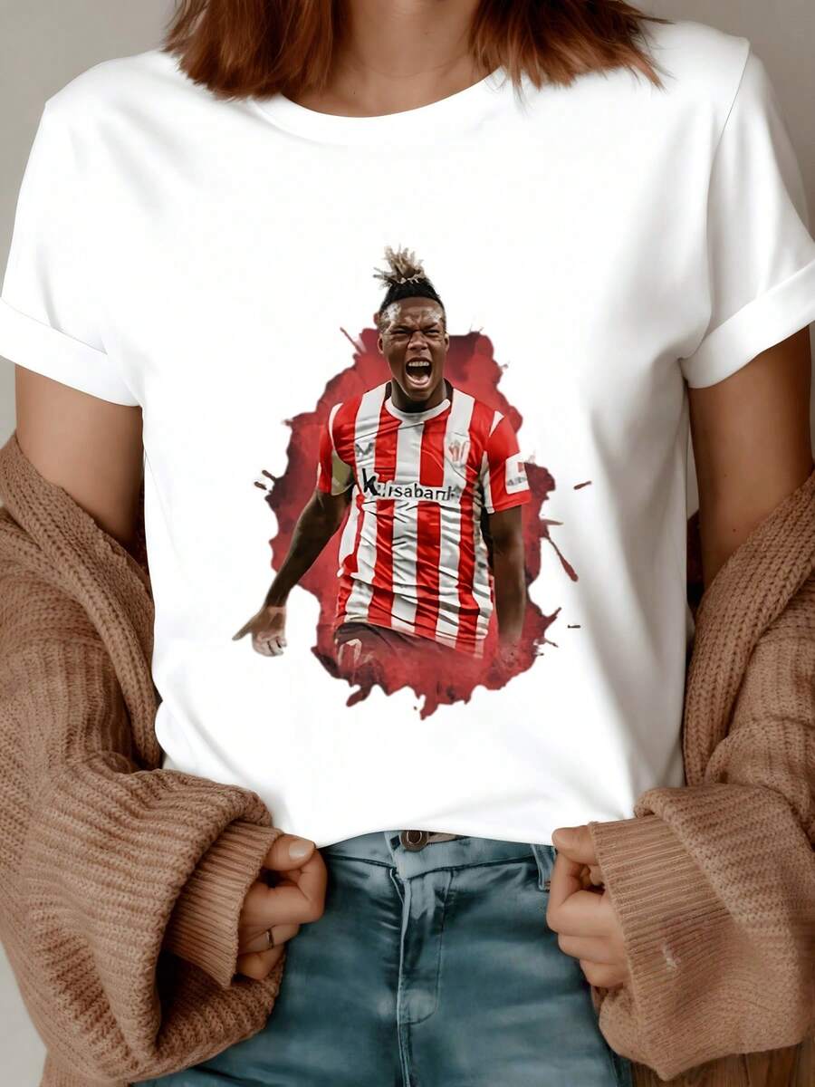 Player In Action Wearing A Red And White Striped Uniform Symbolizing Passion For Football, Dynamic Energy, And Modern Sportsmanship. Comfortable And Attractive Casual Women's T-Shirt. - 白色 - 查看 1
