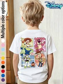 Toy Story All Characters Printed Crew Neck T-Shirt For Boys And Girls: Buzz Lightyear, Woody, Jessie, Strawberry Bear, Alien, Mr. Potato, Ham & Pig - Multi-Character Print Casual Short-Sleeve Top For Children, Disney IP Collaboration T-Shirt - trắng - Xem 3