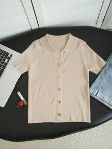 Rikumo Fashionable Polo Collar Raglan Short Sleeve Knit T-Shirt For Women, Spring/Summer New Lightweight Casual Cardigan Top - Light Khaki - View 6