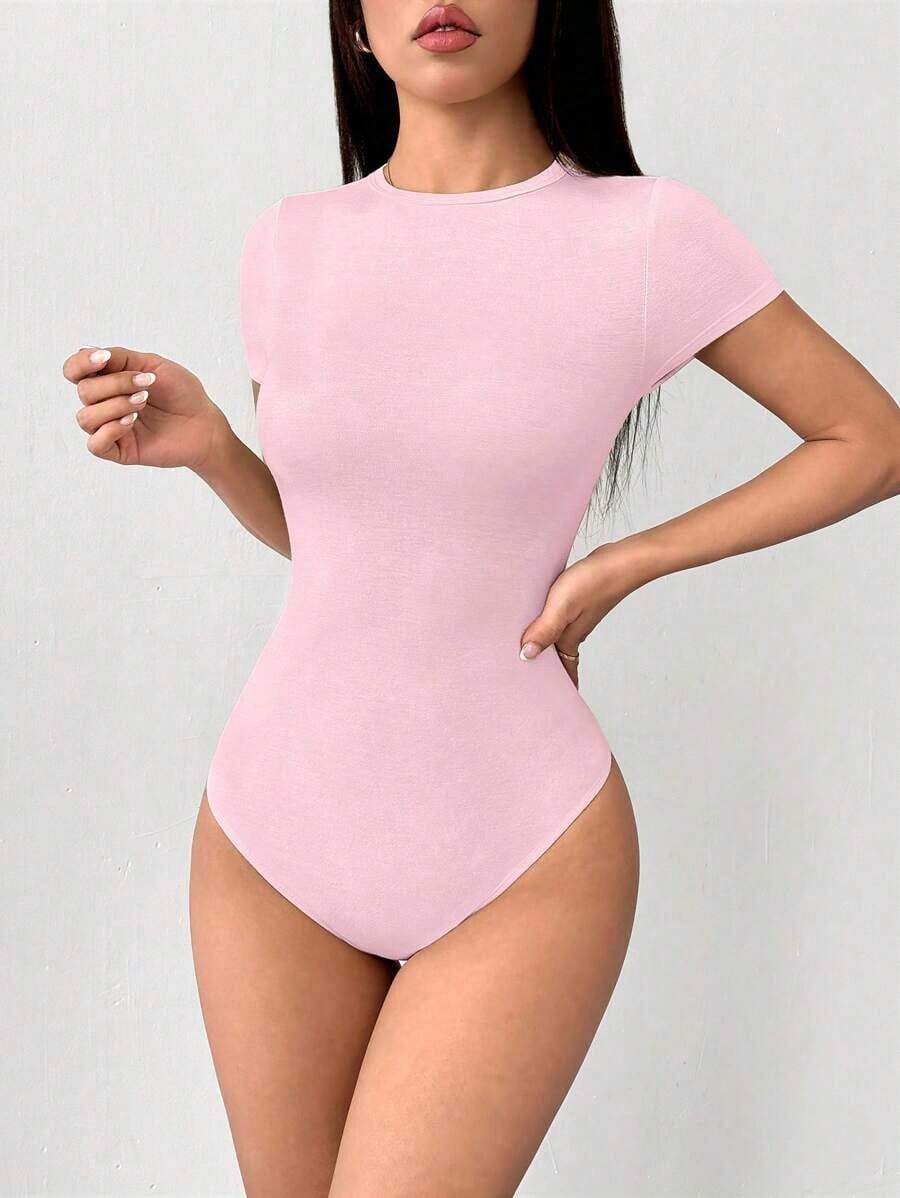 Body ajustado de mujer casual de corte slim en color liso - Rosa Pálido - Ver 1