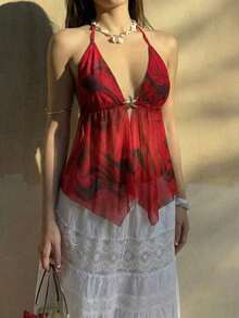 Camiseta de tirantes sexy con efecto cross y espalda descubierta, cuello Halter con teñido anudado para mujer - Burdeos - Ver 7