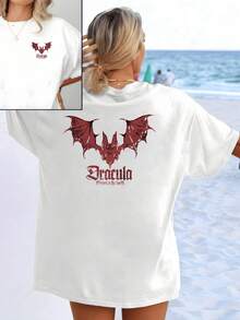 A Red Bat With Outstretched Wings Symbolizes Power, Mystery, And Inner Strength, Accompanied By Gothic Lettering That Evokes Bravery And Dark Energy. This Women's Double-Print T-Shirt Is Ideal For Modern Looks. - 白色 - 查看 1