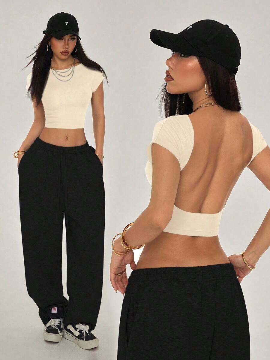 Camiseta negra con espalda abierta, adecuada para talla pequeña, para verano - Albaricoque - Ver 1
