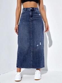 Falda larga de mezclilla desgastada para mujer - Azul lavado oscuro 3 - Ver 7