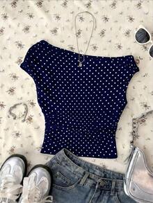 Blusa corta asimétrica fruncida para mujer, estampado de lunares en blanco y negro - Azul marino - Ver 1