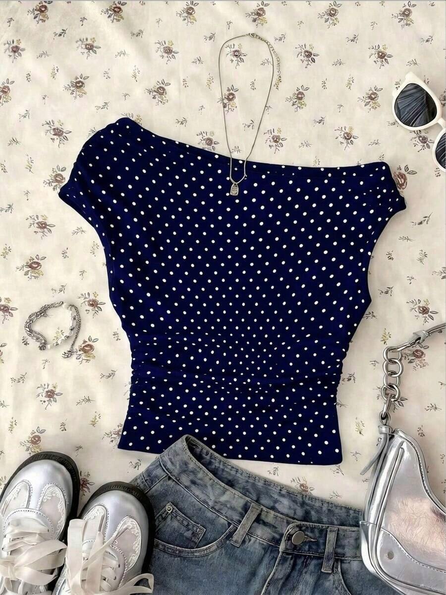 Blusa corta asimétrica fruncida para mujer, estampado de lunares en blanco y negro - Azul marino - Ver 1