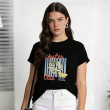 Women's Summer Clothing, Soft And Casual Cotton T-Shirt With Round Neck, Printed With A Lemon Slice And Oyster Design In Watercolor Texture, Oyster Club Font. White. - 黑色 - 查看 3