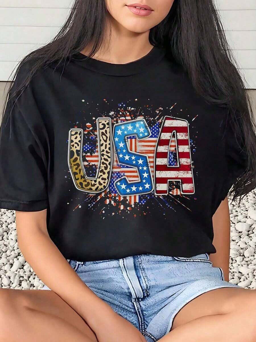 1 Piece Women's T-Shirt With Leopard And US Flag Print, Casual Graphic Tee For Everyday Wear, Round Neck, Short Sleeve, Soft And Comfortable, 220g/180g, 100% Cotton - 黑色 - 查看 1