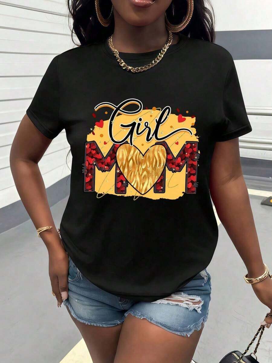 Mom Printed T-Shirt, Women's Short-Sleeved Crew Neck T-Shirt, A Special Gift For Mother's Day, With A Heart Pattern Design. This Stylish And Versatile T-Shirt Showcases The Brilliance Of Maternal Love, Perfect For Everyday Wear. - 黑色 - 查看 1