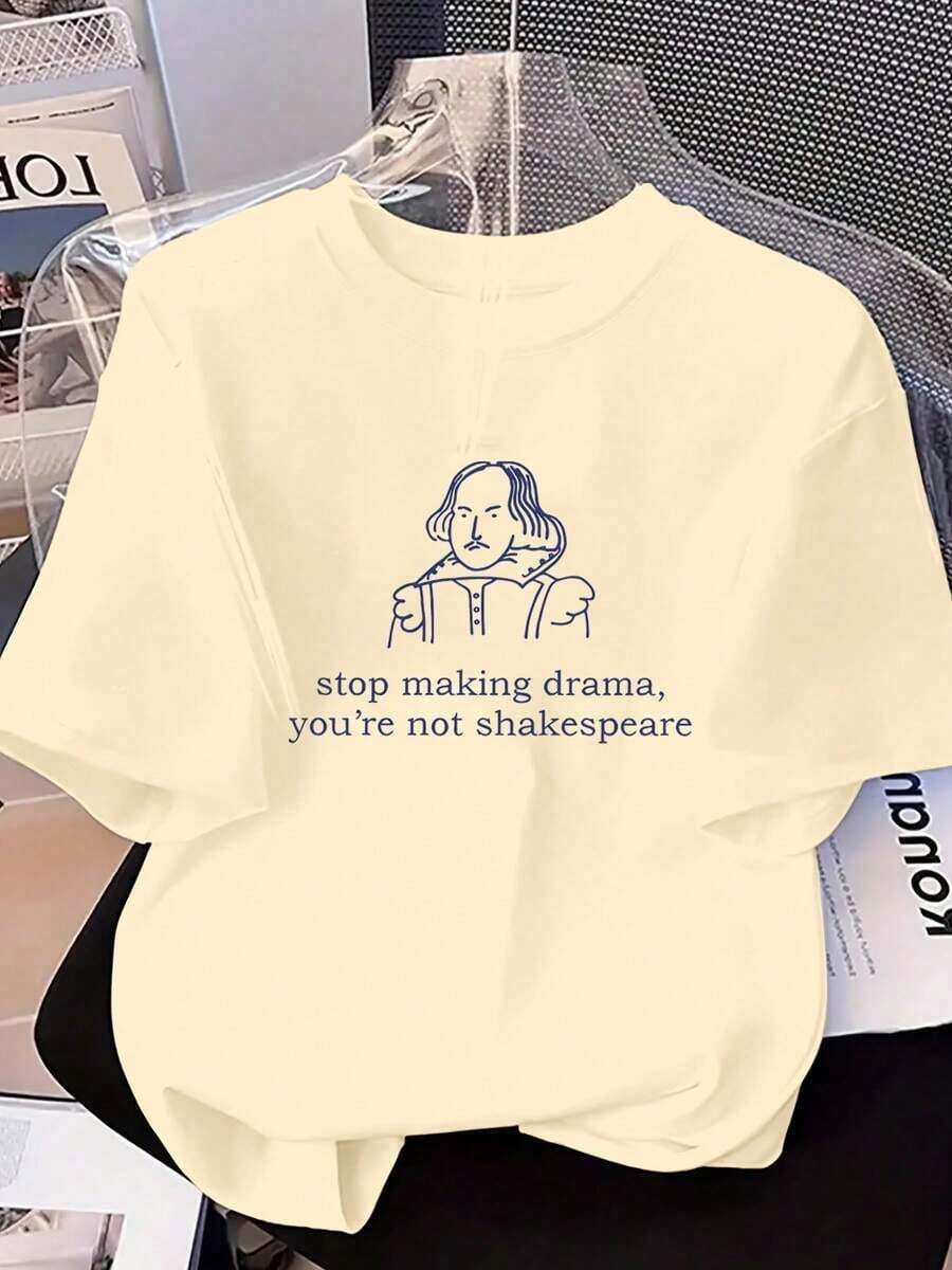 Women's T-Shirt With Funny Quote 2025 - "Stop Making Drama, You're Not" Graphic Tee, Casual Outdoor Wear, Black Summer - 卡其色 - 查看 1