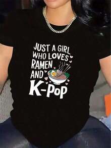 Women's Black And White Polyester T-Shirt - "Only One Who Loves Ramen And K-Pop" Graphic, Soft And Lightweight, Casual Fit, Perfect Gift For Food And Music Enthusiasts, Ramen Accessories - 黑色 - 查看 6