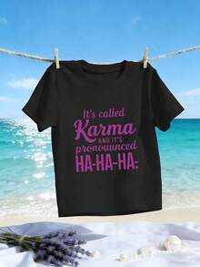 Women's Loose-Fitting T-Shirt With A Fun KARMA HA-HA-HA Print - Soft, Breathable, Silky-Fiber Fabric, Casual Short-Sleeved Round-Neck Top, Ideal For Everyday Wear In Summer, Beach Parties, And Year-Round Wear - 黑色 - 查看 1