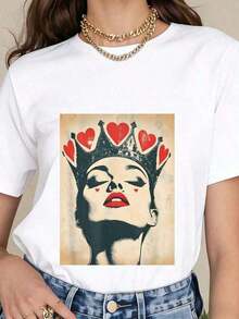 Local Shipping - Women's Casual And Elegant Pure Cotton T-Shirt "Queen Of Hearts" 100% Cotton Summer T-Shirt For Women - 白色的 - 查看 1