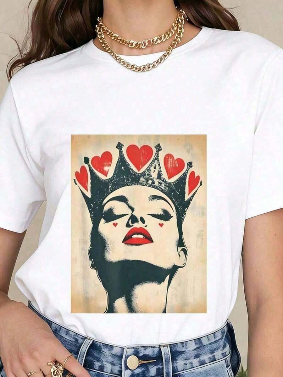 Local Shipping - Women's Casual And Elegant Pure Cotton T-Shirt "Queen Of Hearts" 100% Cotton Summer T-Shirt For Women - 白色的 - 查看 1